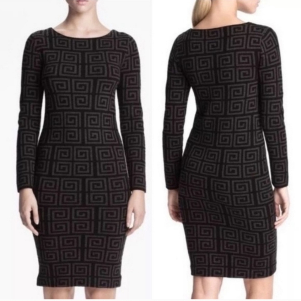 Alice + Olivia Nadia Greek Key Geometric Merino Wool Sweater Dress Blue Size S